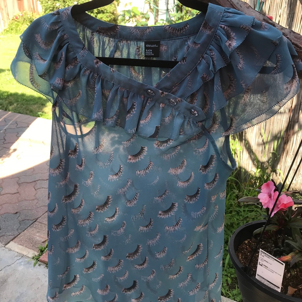 Teal Blue Blouse "she said..."  S/CH Sheer top
